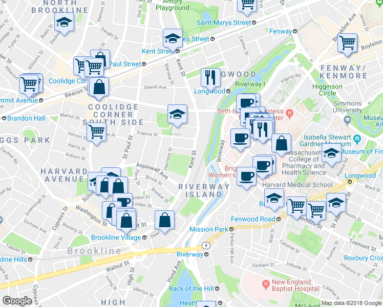 map of restaurants, bars, coffee shops, grocery stores, and more near 186 Kent Street in Brookline