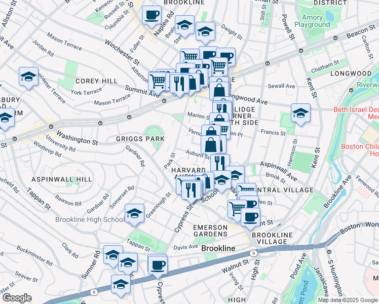 map of restaurants, bars, coffee shops, grocery stores, and more near 9 Auburn Place in Brookline