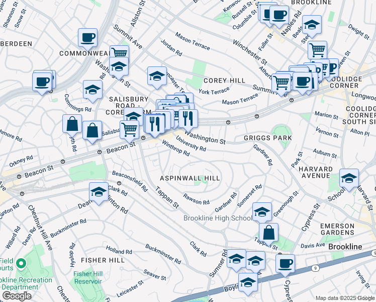map of restaurants, bars, coffee shops, grocery stores, and more near 148 Winthrop Road in Brookline