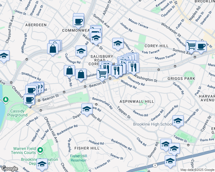 map of restaurants, bars, coffee shops, grocery stores, and more near in Brookline