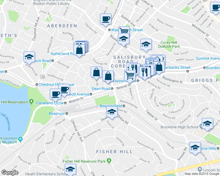 map of restaurants, bars, coffee shops, grocery stores, and more near 1763 Beacon Street in Brookline