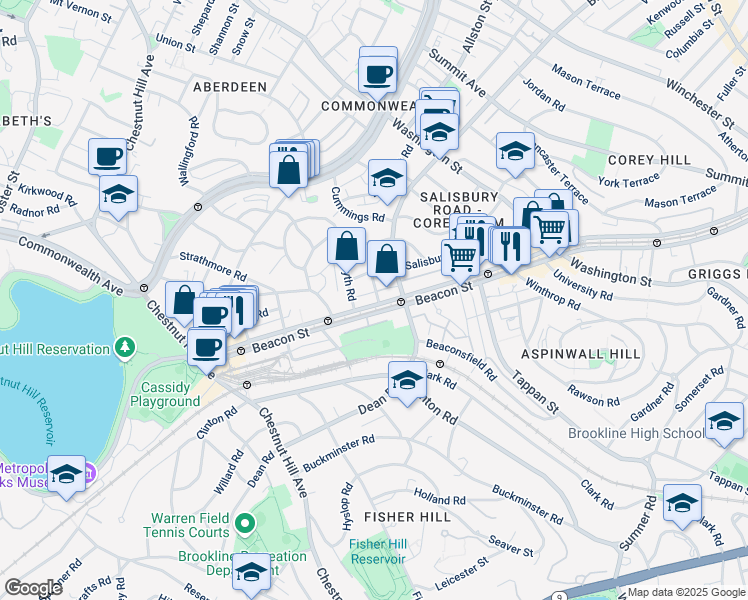 map of restaurants, bars, coffee shops, grocery stores, and more near 1804 Beacon Street in Brookline