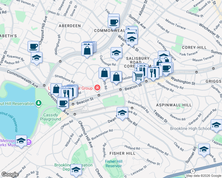 map of restaurants, bars, coffee shops, grocery stores, and more near 1804 Beacon Street in Brookline