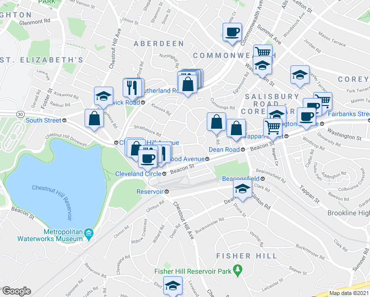 map of restaurants, bars, coffee shops, grocery stores, and more near 1 Reservoir Court in Brookline