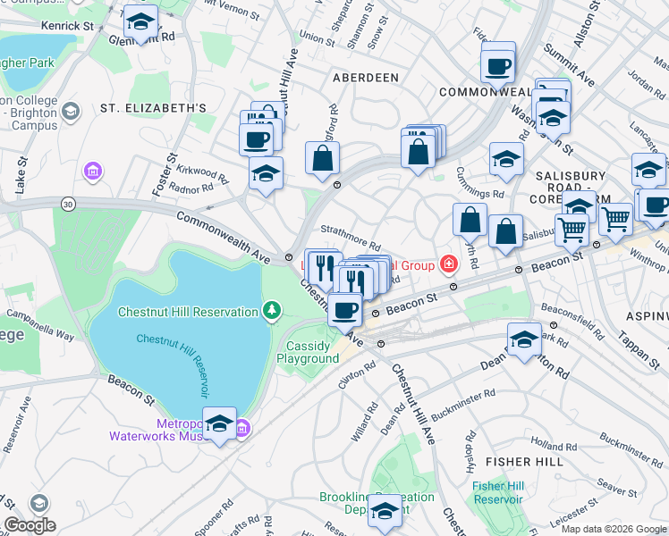 map of restaurants, bars, coffee shops, grocery stores, and more near 4 Chiswick Road in Boston