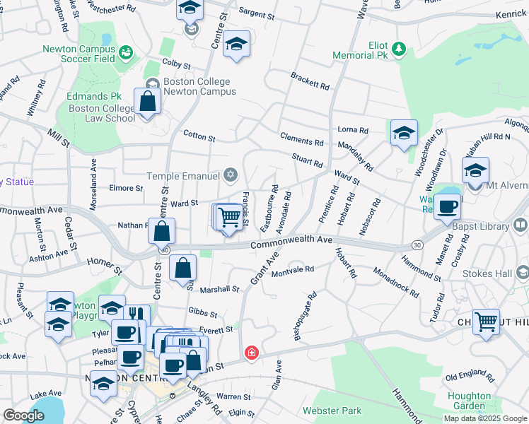 map of restaurants, bars, coffee shops, grocery stores, and more near 143 Eastbourne Road in Newton