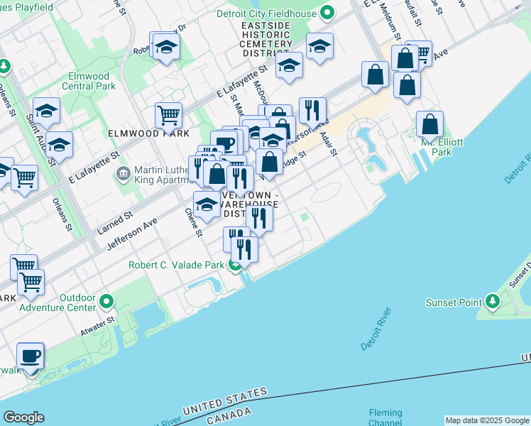 map of restaurants, bars, coffee shops, grocery stores, and more near 500 River Place Drive in Detroit
