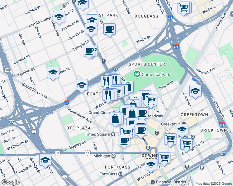 map of restaurants, bars, coffee shops, grocery stores, and more near 26 West Elizabeth Street in Detroit