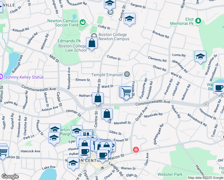 map of restaurants, bars, coffee shops, grocery stores, and more near 15 Sumner Street in Newton