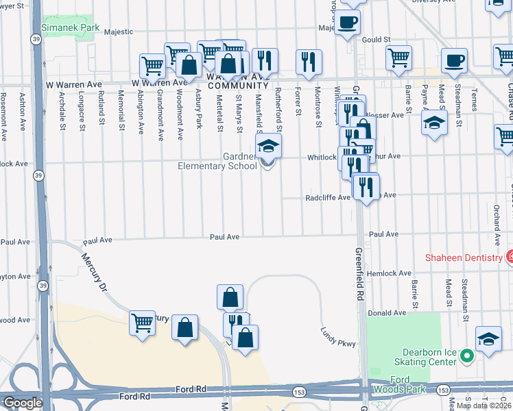 map of restaurants, bars, coffee shops, grocery stores, and more near 6376 Mansfield Street in Detroit