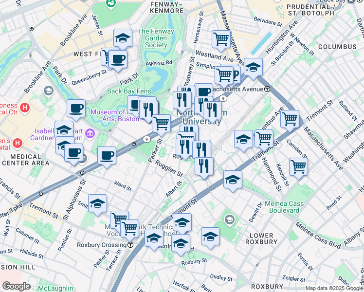 map of restaurants, bars, coffee shops, grocery stores, and more near 35 Leon Street in Boston