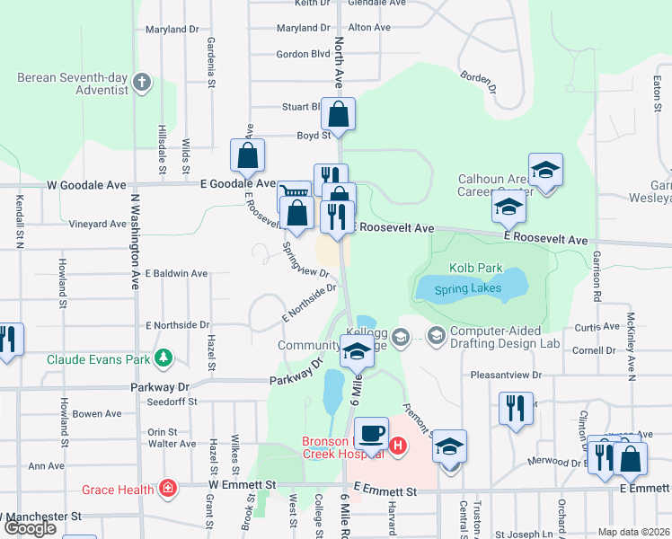 map of restaurants, bars, coffee shops, grocery stores, and more near 511 North Avenue in Battle Creek