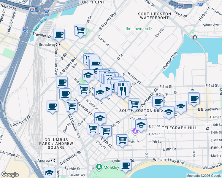 map of restaurants, bars, coffee shops, grocery stores, and more near W Broadway & E St in Boston