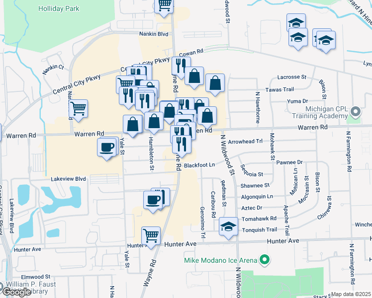 map of restaurants, bars, coffee shops, grocery stores, and more near 7040 North Wayne Road in Westland