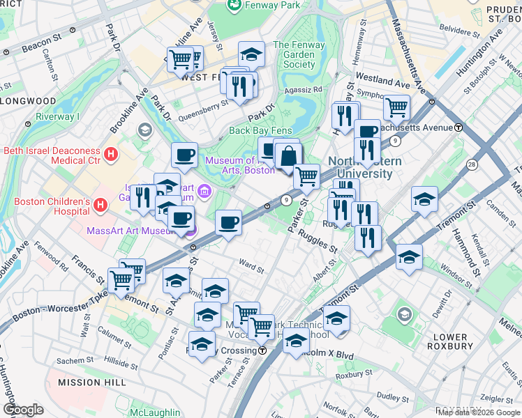 map of restaurants, bars, coffee shops, grocery stores, and more near Huntington Avenue in Boston