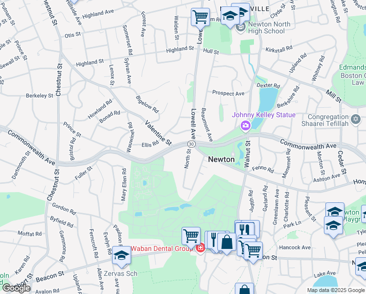 map of restaurants, bars, coffee shops, grocery stores, and more near 1114 Commonwealth Avenue in Newton