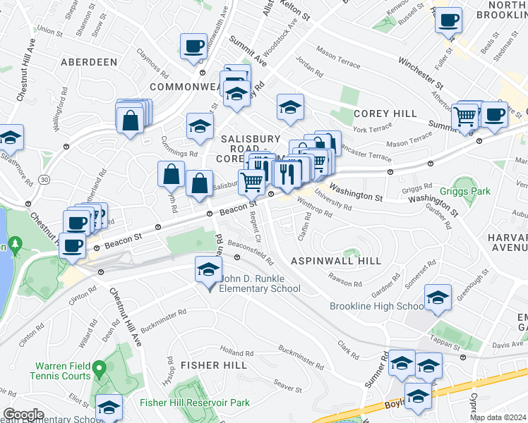 map of restaurants, bars, coffee shops, grocery stores, and more near 362 Tappan Street in Brookline