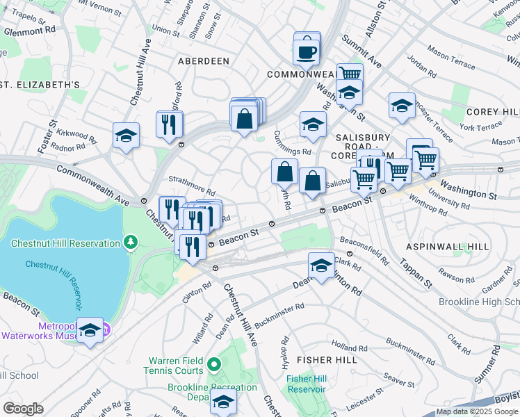 map of restaurants, bars, coffee shops, grocery stores, and more near 1 Reservoir Court in Brookline