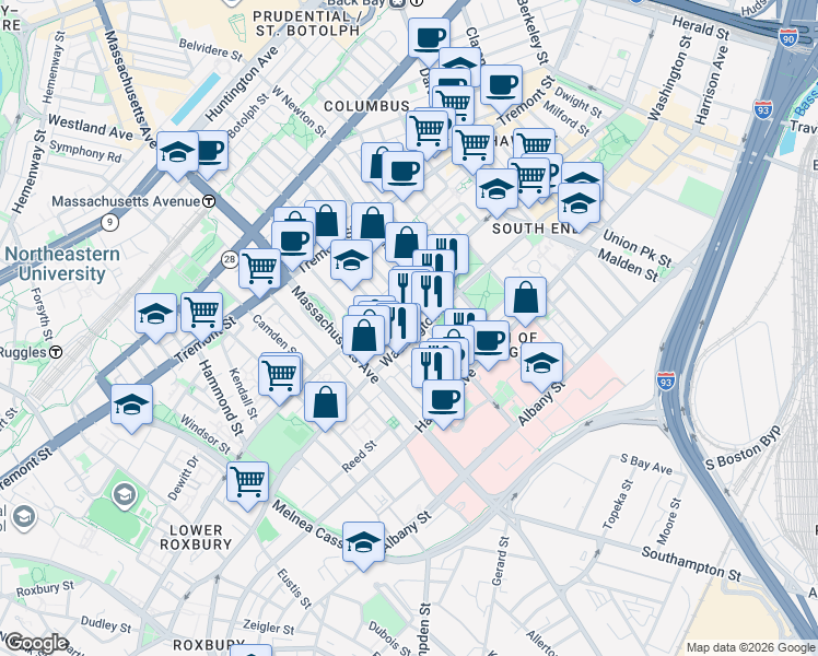 map of restaurants, bars, coffee shops, grocery stores, and more near 1661 Washington Street in Boston