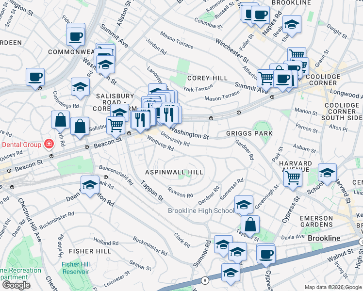 map of restaurants, bars, coffee shops, grocery stores, and more near 148 Winthrop Road in Brookline