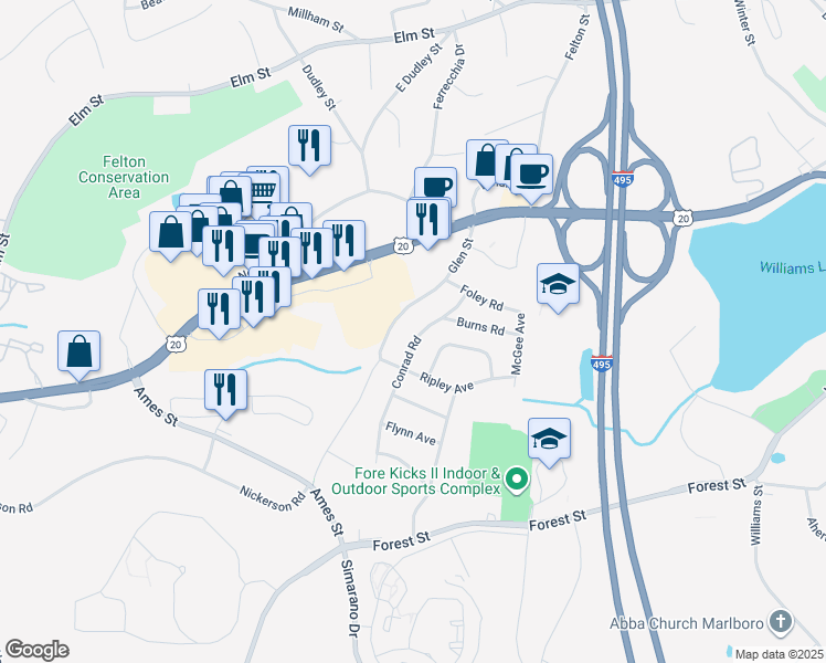 map of restaurants, bars, coffee shops, grocery stores, and more near 59 Conrad Road in Marlborough
