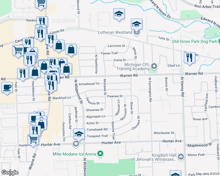 map of restaurants, bars, coffee shops, grocery stores, and more near 33827 Blackfoot Street in Westland