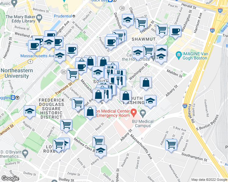 map of restaurants, bars, coffee shops, grocery stores, and more near 1718 Washington Street in Boston