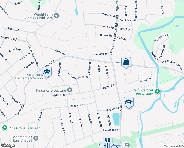 map of restaurants, bars, coffee shops, grocery stores, and more near 47 Bradford Road in Framingham