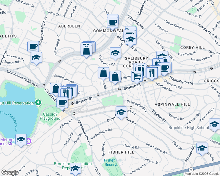 map of restaurants, bars, coffee shops, grocery stores, and more near 1804 Beacon Street in Brookline