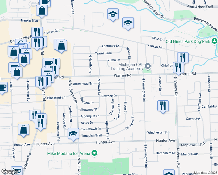 map of restaurants, bars, coffee shops, grocery stores, and more near 33827 Blackfoot Street in Westland