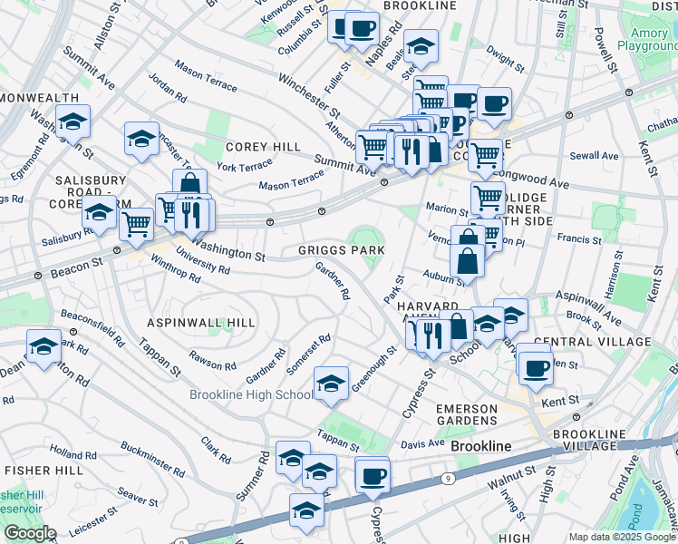 map of restaurants, bars, coffee shops, grocery stores, and more near 25 Gardner Road in Brookline