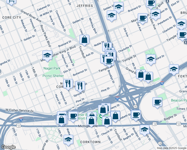 map of restaurants, bars, coffee shops, grocery stores, and more near 2810 Trumbull in Detroit