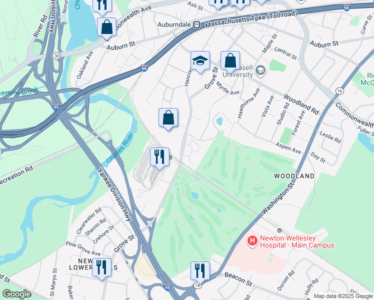 map of restaurants, bars, coffee shops, grocery stores, and more near 290 Grove Street in Newton