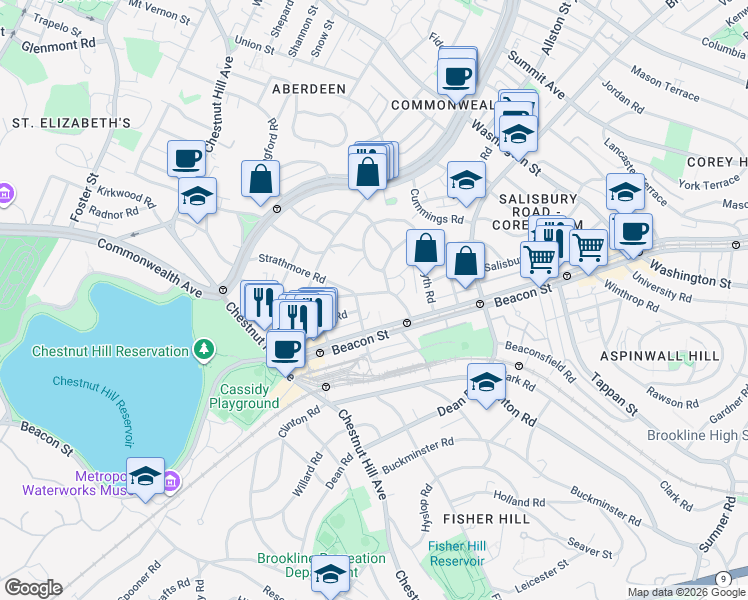 map of restaurants, bars, coffee shops, grocery stores, and more near 1 Reservoir Court in Brookline