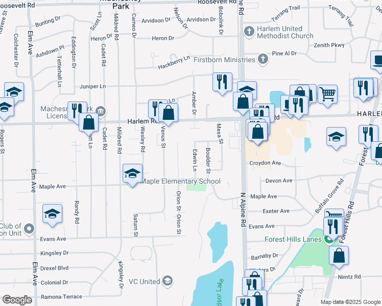 map of restaurants, bars, coffee shops, grocery stores, and more near 7746 Edwin Lane in Loves Park