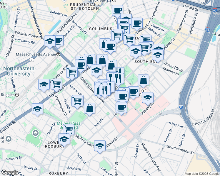 map of restaurants, bars, coffee shops, grocery stores, and more near 1718 Washington Street in Boston
