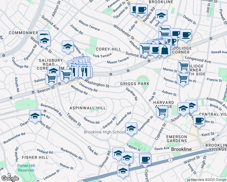 map of restaurants, bars, coffee shops, grocery stores, and more near 135 University Road in Brookline
