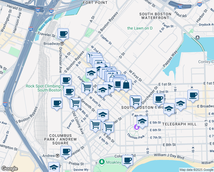 map of restaurants, bars, coffee shops, grocery stores, and more near 350 West Fourth Street in Boston