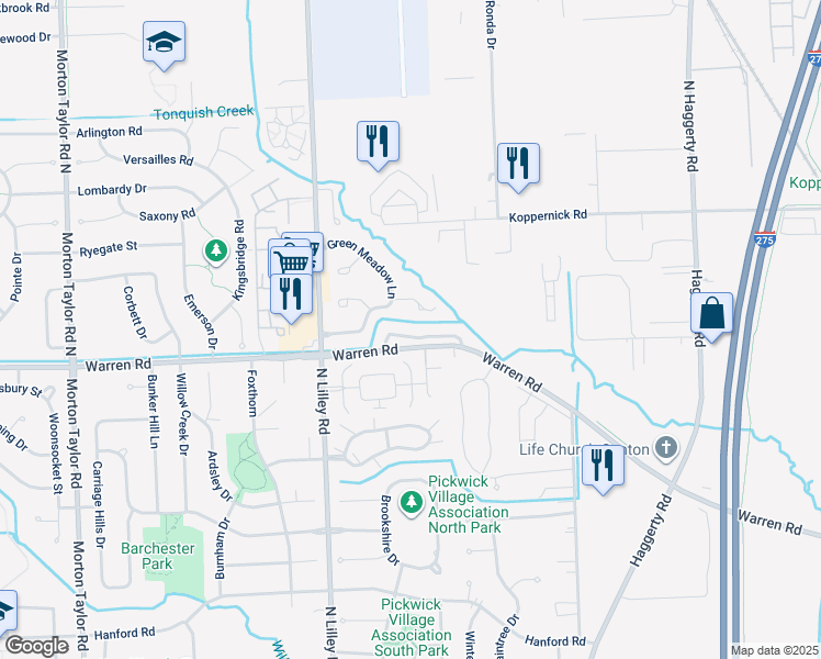 map of restaurants, bars, coffee shops, grocery stores, and more near 41894 Coventry Way in Canton