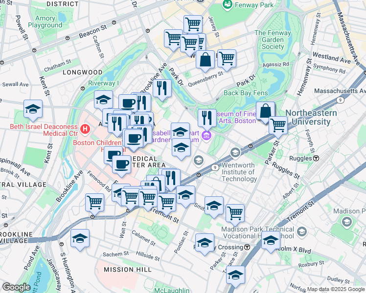 map of restaurants, bars, coffee shops, grocery stores, and more near 78 Avenue Louis Pasteur in Boston