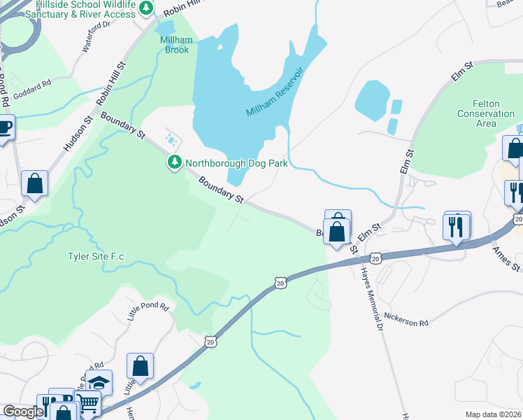 map of restaurants, bars, coffee shops, grocery stores, and more near 222 Boundary Street in Northborough