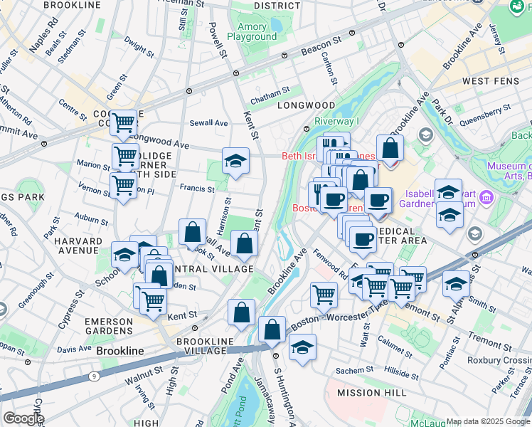 map of restaurants, bars, coffee shops, grocery stores, and more near 197 Kent Street in Brookline