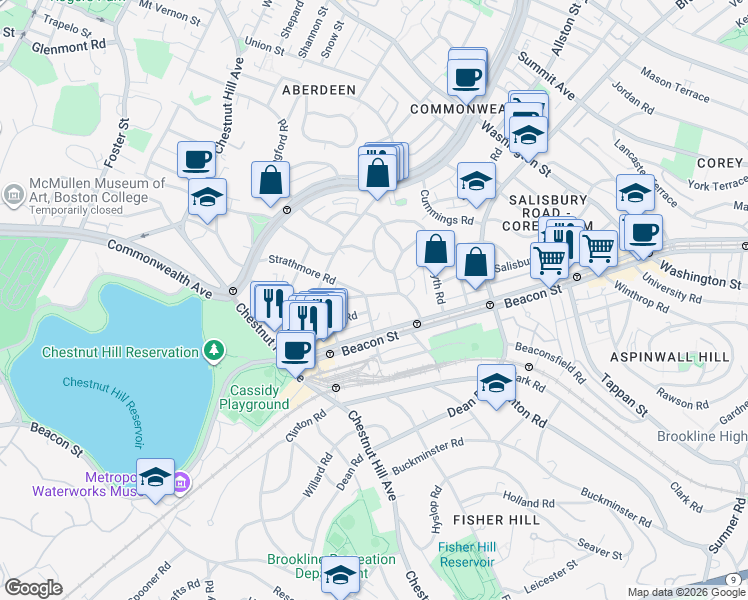 map of restaurants, bars, coffee shops, grocery stores, and more near 6 Reservoir Court in Brookline