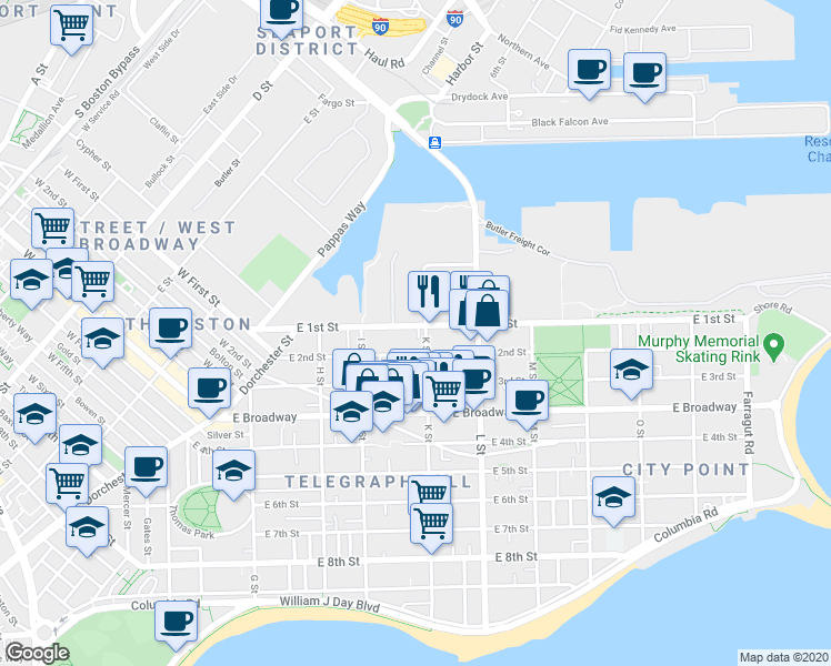map of restaurants, bars, coffee shops, grocery stores, and more near 618 East 2nd Street in Boston