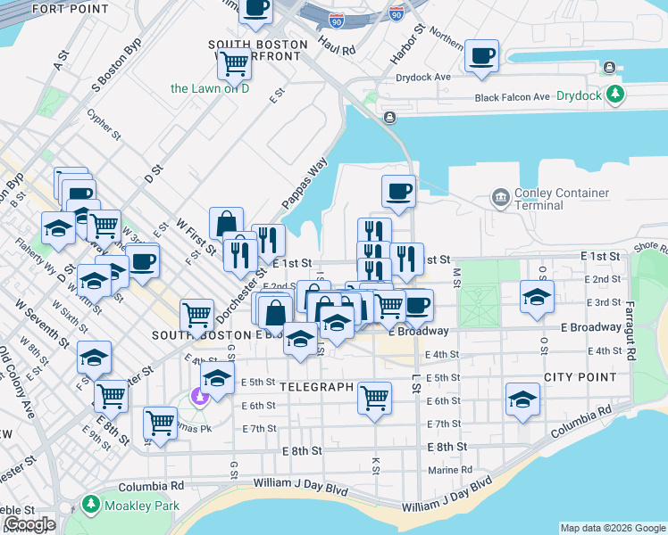 map of restaurants, bars, coffee shops, grocery stores, and more near 17 I Street in Boston
