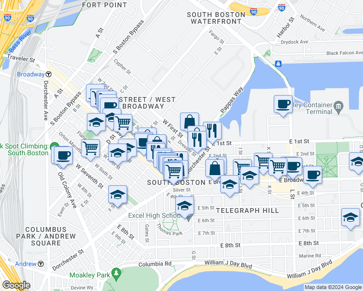 map of restaurants, bars, coffee shops, grocery stores, and more near 103 Dresser Street in Boston
