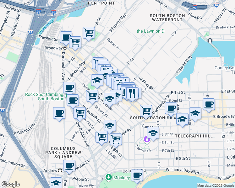 map of restaurants, bars, coffee shops, grocery stores, and more near 350 West Fourth Street in Boston