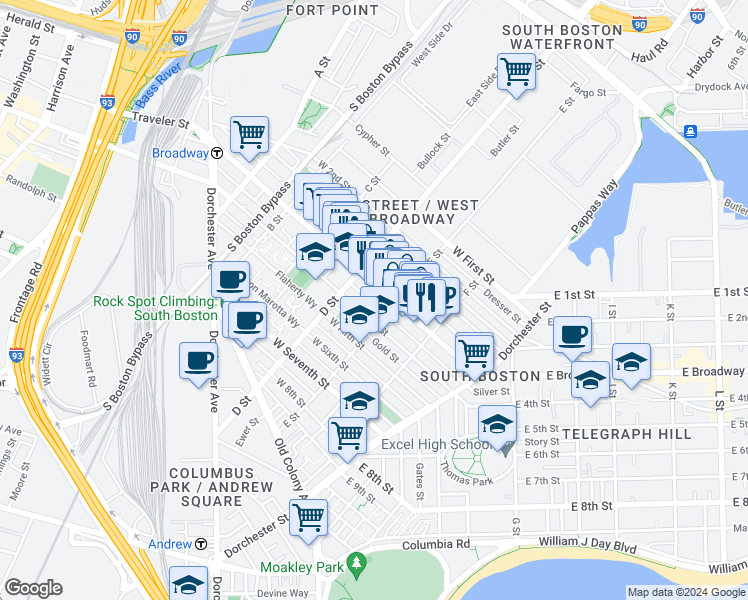map of restaurants, bars, coffee shops, grocery stores, and more near 350 West Fourth Street in Boston