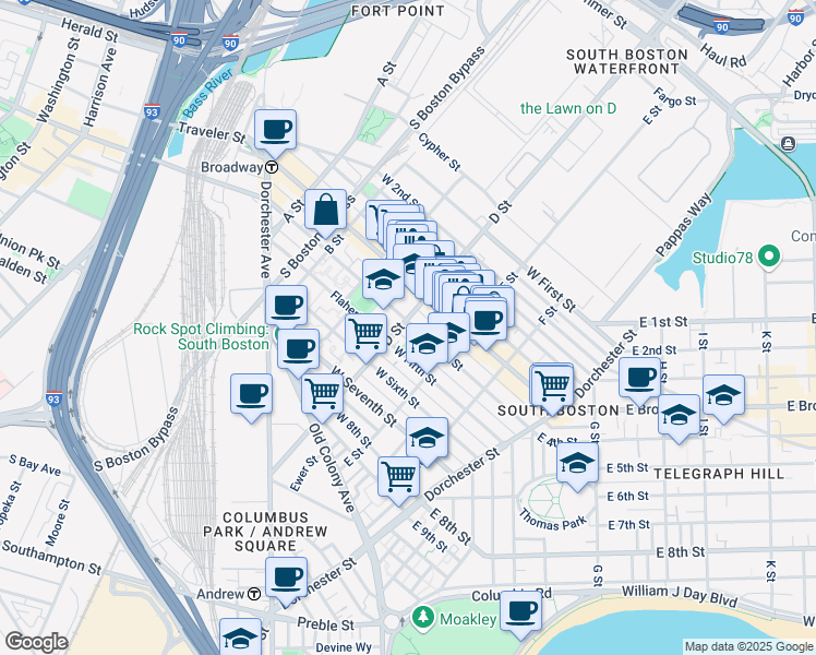 map of restaurants, bars, coffee shops, grocery stores, and more near 205 D Street in Boston