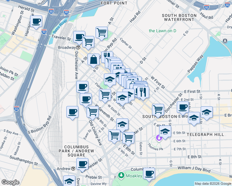map of restaurants, bars, coffee shops, grocery stores, and more near 205 D Street in Boston